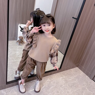 蓓馨貝（Beixinbei）三歲女寶寶衣服女童春裝套裝韓版洋氣小女孩兒格子拼接毛衣兩件套 卡其色套裝 90 建議1歲左右