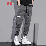 嗨森主義新款春秋韓版時尚工裝褲男女大口袋休閑褲男寬松潮流嘻哈小腳褲子 灰色+襪子H128-A156 XL