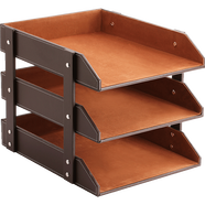 華美仕高檔皮革三層文件架A4文件收納盤(pán)資料架多用桌面整理文件盤(pán) 棕色牛皮紋 三層文件盤(pán)