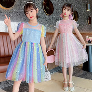 童嘜屋童裝女童連衣裙夏泡泡袖公主裙子兒童短袖薄小女孩寶寶紗裙表演服 藍色 130碼（建議身高120cm左右）