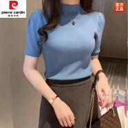 皮爾卡丹（pierre cardin）2025年春夏新款小高領泡泡短袖針織衫女歐貨修身顯瘦洋氣打底上衣 淺藍色 S