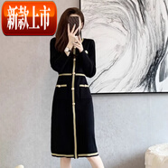 夏典素訂女王（SE.PSTP）秋冬小香風(fēng)圓領(lǐng)針織連衣裙高腰過膝中長款毛衣職業(yè)通勤修身打底裙 黑色 S 80-95斤
