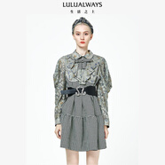 LULUALWAYS 秋季新款淑女印花千鳥格面料收腰連衣裙 綠色 M