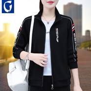guah外套女2024款春秋新品女裝短款沖鋒風(fēng)衣女士棉質(zhì)立領(lǐng)運動衛(wèi)衣夾克 黑色 3XL