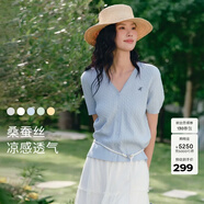 伊芙麗（eifini）秦嵐代言【夏季薄款全新升級】高智麻花毛衣短袖針織衫女 藍色 短袖V領 預售 L 115-130斤