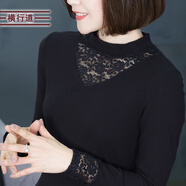 橫行道2024新款女裝半高領(lǐng)打底衫蕾絲鏤空上衣服純色T恤春季 黑色 2XL
