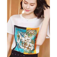 WVHK高檔品牌2022新款真絲短袖女T恤韓版春夏印花寬松桑蠶絲半袖上衣 白色3 花鳥圖 3XL適合145-160斤