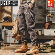 JEEP SPIRIT美式重磅復古抽繩牛仔褲男束腳工裝褲子男棉大碼英倫風(fēng)休閑長(cháng)褲品 駝色875 4XL 170-180斤