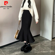 皮爾卡丹（pierre cardin）黑色荷葉邊魚尾半身裙女秋冬配毛衣針織包臀裙高腰遮肉顯瘦中長裙 黑色 均碼