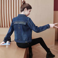 月袖加絨加厚牛仔外套女2022春秋冬款女裝韓版時(shí)尚百搭小個(gè)子修身棉衣 字母刺繡【不加絨款】 M 【建議90-100斤】