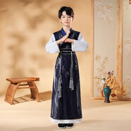 三象鯊S(chǎng)XS男童唐裝漢服夏裝男孩中國風(fēng)童裝新款兒童古裝女童國學(xué)演出服 藏青套裝 140cm