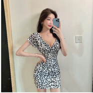 網(wǎng)紅主播穿的性感衣服直播女上鏡服裝氣質(zhì)V領(lǐng)欲辣妹顯瘦緊身包臀連衣裙 豹紋 S