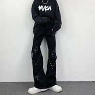 菲尼東爵高街vibe風牛仔褲男女新款潮流直筒寬松拖地微喇叭褲子小眾設計感 黑色 +顯顯瘦T19 XL