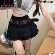 DAVEY MODE美式復古荷葉邊蛋糕裙小個(gè)子短裙高腰牛仔半身裙女春夏百搭a字裙 黑色:【送腰帶】 XS