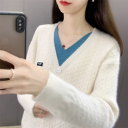 吻璦針織衫女2022年秋冬裝新款毛衣女士毛毛v領(lǐng)女裝打底衫內搭 白色 均碼