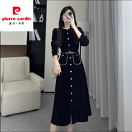 皮爾卡丹長(cháng)袖連衣裙女氣質(zhì)通勤高端精致正式場(chǎng)合黑色長(cháng)裙秋季中長(cháng)款裙子 黑色(送皮帶) 2XL (130-140)