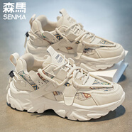 森馬男鞋2025夏季新款跑步運動透氣網(wǎng)面休閑男士爆款增高小白老爹潮鞋 米色 （休閑款） 41