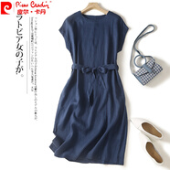 皮爾卡丹（pierre cardin）日系出口尾貨純色休閑棉麻連衣裙女夏收腰綁繩亞麻字中長裙針 深藍(lán)色 M【95-115斤】