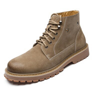 LBEL馬丁靴男士韓版二層豬皮高幫短靴男戶(hù)外沙漠雪地靴時(shí)尚潮流工裝鞋男 卡其色加絨 39