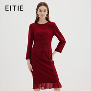 愛(ài)特愛(ài)（EITIE）高級感圓領(lǐng)釘珠刺繡魚(yú)尾羊毛呢禮服連衣裙冬季新款7277902 酒莊紅60 XL 170