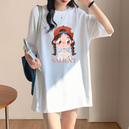 品詩(shī)歌人純棉重磅大版t恤女寬松短袖中長(cháng)款半袖遮屁股純棉遮臀內搭打底衫 紅帽女孩大落肩白 L 140-200斤