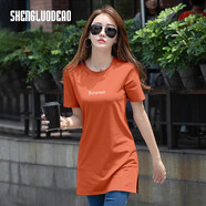 圣羅地奧長(cháng)款t恤女遮臀短袖中長(cháng)款t恤夏季正肩顯瘦棉體恤衫休閑遮屁股上衣 橙紅色字母 L 建議95-105斤