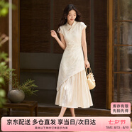 尚都比拉國風(fēng)立領(lǐng)盤扣繡花連衣裙女夏季收腰顯瘦假兩件拼接裙氣質(zhì)中長裙