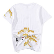 簡(jiǎn)拓 2022夏季新品薄款中國風(fēng)刺繡仙鶴純棉短袖T恤 學(xué)生情侶裝體恤男大碼半袖衫 2011白色 XL碼(140-160斤)