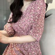 緒妍 XERL YENE青島即墨連衣裙年輕款棉綢中短裙棉綢碎花女夏七分袖v領(lǐng)簡(jiǎn)約遮肉 薰衣草 裙長(cháng)120（建議160以下小個(gè)子）