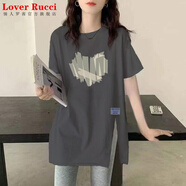 LOVER RUCCI灰色純棉短袖t恤女夏2025新款設計感開(kāi)叉洋氣寬松中長(cháng)款過(guò)臀上衣 心形圖案-灰色 2XL 140-155斤】