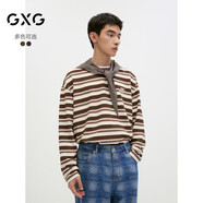 GXG男裝2024年條紋設(shè)計基礎(chǔ)圓領(lǐng)長袖T恤棕咖條180/XL