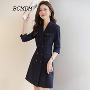 BCMDM香港潮牌職業(yè)西裝連衣裙女 2025春季新款正裝收腰大碼百褶A字短裙 深藍色 662款 4XL