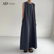 ADVSUS官方品質(zhì)2023夏季日韓chic休閑簡(jiǎn)約寬松大擺無(wú)袖長(cháng)款棉麻連衣裙 灰藍色 均碼