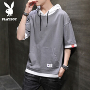 花花公子（PLAYBOY）夏季潮牌短袖t恤男連帽五分袖寬松潮流牌半袖衫純棉T恤男士上衣服 灰色 M