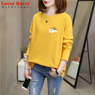LOVER RUCCI純棉T恤女長(cháng)袖2025秋季新款寬松大碼百搭洋氣減齡打底遮肚上衣服 黃色【小白云彩虹字母】 XL(建議130斤-155斤)