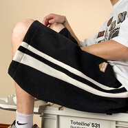 廣馬短褲男夏季新款透氣燈芯絨貼標高街潮流學(xué)生寬松百搭直筒潮牌短褲 黑色(夏季薄款透氣燈芯絨) XL建議125-140斤