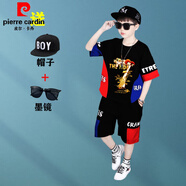 皮爾卡丹（pierre cardin）童裝男孩穿的4-14歲兒童裝夏裝2025新款短袖套裝衣服6中大童街舞 黑色(+帽子+墨鏡) 130 建議身高1.2米左右40-50斤