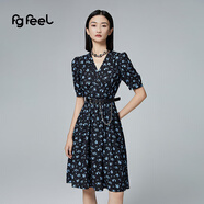 普普風(fēng)2024年秋季新品女裝時(shí)尚簡約酷感印花顯瘦V領(lǐng)連衣裙PC2L21582S 黑底藍(lán)花 S