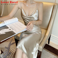LOVER RUCCI法國高級感小眾年會(huì )生日晚禮服小個(gè)子醋酸緞面性感蕩領(lǐng)吊帶連衣裙 香檳色 S