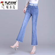 啄木鳥牛仔褲天絲薄款2025新款九分微喇女褲子夏季松緊腰顯瘦時(shí)尚喇叭褲 6162#藍(lán)色 M