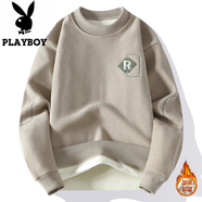 花花公子（PLAYBOY）圓領衛衣男士秋季新款外套時尚寬松休閑t恤男加絨加厚長袖上衣服 9421卡其色加絨 XL 約120-135斤可穿