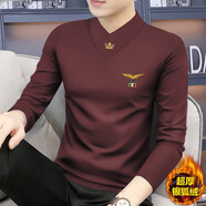 敖琥 秋冬莫代爾男士長(cháng)袖保暖t恤加絨打底衫加厚內搭秋衣上衣體恤衫男 酒紅色【冬款】 3XL【165-175斤】