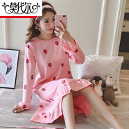 莫代爾長(cháng)袖睡裙女士春秋款中長(cháng)裙純棉全棉睡衣裙子新款家居服大碼連衣裙 C5355紅草莓花邊裙 L (95-115斤)