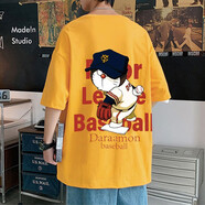 尡韻夏季短袖t恤男ins潮流多啦A夢(mèng)情侶裝港風(fēng)寬松上衣服潮牌純棉半袖t 純棉黃色 L