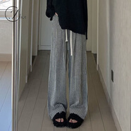 Jret美拉德毛呢褲子女秋冬季2025新款高腰休閑復古直筒慵懶拖地闊腿褲 黑白色豎條紋褲 L 105-120斤