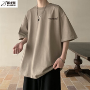 普戈斯（PUGESI）酒紅色320克重磅t恤男夏季廓形三本針落肩純棉短袖小領(lǐng)口情侶半袖 卡其色 S