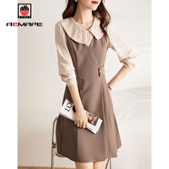 AEMAPE法式拼接裙子女2025秋冬季新款設計感撞色翻領(lǐng)假兩件連衣裙女裝 卡其色 XL 【建議115-125斤】
