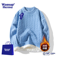 WASSUP HERMU官方毛衣男女春秋季純色圓領(lǐng)粗麻花針織衫加絨加厚線衣休閑外套 藍(lán)色 加絨 L （推薦105-120斤）