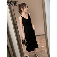 丹珠娜 針織連衣裙女2024秋裝新款V領(lǐng)中長(zhǎng)款針織裙背心吊帶長(zhǎng)裙女打底裙 黑色 均碼