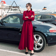 SHIROMA秋季新款氣質(zhì)簡(jiǎn)約中長(cháng)裙子系帶收腰顯瘦長(cháng)袖襯衫打底連衣裙女 暗紅色 XL